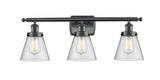 916-3W-BK-G64 3-Light 26" Matte Black Bath Vanity Light - Seedy Small Cone Glass - LED Bulb - Dimmensions: 26 x 7.5 x 11 - Glass Up or Down: Yes