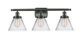 916-3W-OB-G42 3-Light 26" Oil Rubbed Bronze Bath Vanity Light - Clear Large Cone Glass - LED Bulb - Dimmensions: 26 x 9 x 13 - Glass Up or Down: Yes