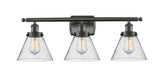 916-3W-OB-G44 3-Light 26" Oil Rubbed Bronze Bath Vanity Light - Seedy Large Cone Glass - LED Bulb - Dimmensions: 26 x 9 x 13 - Glass Up or Down: Yes