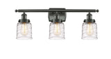 916-3W-OB-G513 3-Light 26" Oil Rubbed Bronze Bath Vanity Light - Clear Deco Swirl Small Bell Glass - LED Bulb - Dimmensions: 26 x 6.5 x 12 - Glass Up or Down: Yes