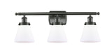 916-3W-OB-G61 3-Light 26" Oil Rubbed Bronze Bath Vanity Light - Matte White Cased Small Cone Glass - LED Bulb - Dimmensions: 26 x 7.5 x 11 - Glass Up or Down: Yes