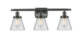 916-3W-OB-G62 3-Light 26" Oil Rubbed Bronze Bath Vanity Light - Clear Small Cone Glass - LED Bulb - Dimmensions: 26 x 7.5 x 11 - Glass Up or Down: Yes