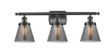 916-3W-OB-G63 3-Light 26" Oil Rubbed Bronze Bath Vanity Light - Plated Smoke Small Cone Glass - LED Bulb - Dimmensions: 26 x 7.5 x 11 - Glass Up or Down: Yes