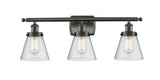 916-3W-OB-G64 3-Light 26" Oil Rubbed Bronze Bath Vanity Light - Seedy Small Cone Glass - LED Bulb - Dimmensions: 26 x 7.5 x 11 - Glass Up or Down: Yes
