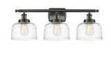 916-3W-OB-G713 3-Light 26" Oil Rubbed Bronze Bath Vanity Light - Clear Deco Swirl Large Bell Glass - LED Bulb - Dimmensions: 26 x 9 x 13 - Glass Up or Down: Yes