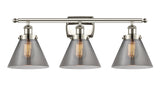916-3W-PN-G43 3-Light 26" Polished Nickel Bath Vanity Light - Plated Smoke Large Cone Glass - LED Bulb - Dimmensions: 26 x 9 x 13 - Glass Up or Down: Yes