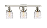 916-3W-PN-G513 3-Light 26" Polished Nickel Bath Vanity Light - Clear Deco Swirl Small Bell Glass - LED Bulb - Dimmensions: 26 x 6.5 x 12 - Glass Up or Down: Yes