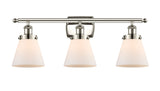 916-3W-PN-G61 3-Light 26" Polished Nickel Bath Vanity Light - Matte White Cased Small Cone Glass - LED Bulb - Dimmensions: 26 x 7.5 x 11 - Glass Up or Down: Yes