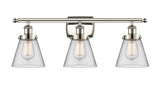 916-3W-PN-G62 3-Light 26" Polished Nickel Bath Vanity Light - Clear Small Cone Glass - LED Bulb - Dimmensions: 26 x 7.5 x 11 - Glass Up or Down: Yes