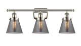 916-3W-PN-G63 3-Light 26" Polished Nickel Bath Vanity Light - Plated Smoke Small Cone Glass - LED Bulb - Dimmensions: 26 x 7.5 x 11 - Glass Up or Down: Yes