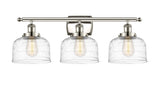 916-3W-PN-G713 3-Light 26" Polished Nickel Bath Vanity Light - Clear Deco Swirl Large Bell Glass - LED Bulb - Dimmensions: 26 x 9 x 13 - Glass Up or Down: Yes