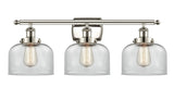 916-3W-PN-G72 3-Light 26" Polished Nickel Bath Vanity Light - Clear Large Bell Glass - LED Bulb - Dimmensions: 26 x 9 x 13 - Glass Up or Down: Yes