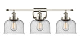 916-3W-PN-G74 3-Light 26" Polished Nickel Bath Vanity Light - Seedy Large Bell Glass - LED Bulb - Dimmensions: 26 x 9 x 13 - Glass Up or Down: Yes