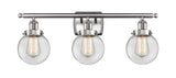 916-3W-SN-G202-6 3-Light 26" Brushed Satin Nickel Bath Vanity Light - Clear Beacon Glass - LED Bulb - Dimmensions: 26 x 7.5 x 11 - Glass Up or Down: Yes