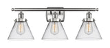 916-3W-SN-G42 3-Light 26" Brushed Satin Nickel Bath Vanity Light - Clear Large Cone Glass - LED Bulb - Dimmensions: 26 x 9 x 13 - Glass Up or Down: Yes