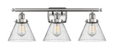 916-3W-SN-G44 3-Light 26" Brushed Satin Nickel Bath Vanity Light - Seedy Large Cone Glass - LED Bulb - Dimmensions: 26 x 9 x 13 - Glass Up or Down: Yes