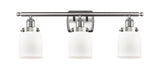 916-3W-SN-G51 3-Light 26" Brushed Satin Nickel Bath Vanity Light - Matte White Cased Small Bell Glass - LED Bulb - Dimmensions: 26 x 6.5 x 12 - Glass Up or Down: Yes