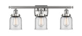916-3W-SN-G52 3-Light 26" Brushed Satin Nickel Bath Vanity Light - Clear Small Bell Glass - LED Bulb - Dimmensions: 26 x 6.5 x 12 - Glass Up or Down: Yes