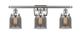 916-3W-SN-G53 3-Light 26" Brushed Satin Nickel Bath Vanity Light - Plated Smoke Small Bell Glass - LED Bulb - Dimmensions: 26 x 6.5 x 12 - Glass Up or Down: Yes
