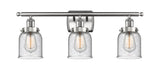 916-3W-SN-G54 3-Light 26" Brushed Satin Nickel Bath Vanity Light - Seedy Small Bell Glass - LED Bulb - Dimmensions: 26 x 6.5 x 12 - Glass Up or Down: Yes