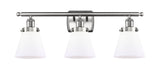 916-3W-SN-G61 3-Light 26" Brushed Satin Nickel Bath Vanity Light - Matte White Cased Small Cone Glass - LED Bulb - Dimmensions: 26 x 7.5 x 11 - Glass Up or Down: Yes