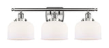 916-3W-SN-G71 3-Light 26" Brushed Satin Nickel Bath Vanity Light - Matte White Cased Large Bell Glass - LED Bulb - Dimmensions: 26 x 9 x 13 - Glass Up or Down: Yes
