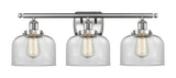 916-3W-SN-G72 3-Light 26" Brushed Satin Nickel Bath Vanity Light - Clear Large Bell Glass - LED Bulb - Dimmensions: 26 x 9 x 13 - Glass Up or Down: Yes