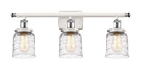 916-3W-WPC-G513 3-Light 26" White and Polished Chrome Bath Vanity Light - Clear Deco Swirl Small Bell Glass - LED Bulb - Dimmensions: 26 x 6.5 x 12 - Glass Up or Down: Yes