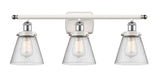 916-3W-WPC-G64 3-Light 26" White and Polished Chrome Bath Vanity Light - Seedy Small Cone Glass - LED Bulb - Dimmensions: 26 x 7.5 x 11 - Glass Up or Down: Yes