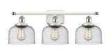 916-3W-WPC-G74 3-Light 26" White and Polished Chrome Bath Vanity Light - Seedy Large Bell Glass - LED Bulb - Dimmensions: 26 x 9 x 13 - Glass Up or Down: Yes