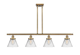 916-4I-BB-G42 4-Light 48" Brushed Brass Island Light - Clear Large Cone Glass - LED Bulb - Dimmensions: 48 x 8 x 10<br>Minimum Height : 20.375<br>Maximum Height : 44.375 - Sloped Ceiling Compatible: Yes