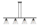 916-4I-BK-G42 4-Light 48" Matte Black Island Light - Clear Large Cone Glass - LED Bulb - Dimmensions: 48 x 8 x 10<br>Minimum Height : 20.375<br>Maximum Height : 44.375 - Sloped Ceiling Compatible: Yes