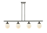 916-4I-OB-G201-6 4-Light 48" Oil Rubbed Bronze Island Light - Matte White Cased Beacon Glass - LED Bulb - Dimmensions: 48 x 6 x 10<br>Minimum Height : 19.375<br>Maximum Height : 43.375 - Sloped Ceiling Compatible: Yes