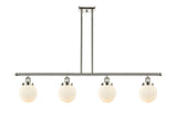 916-4I-PN-G201-6 4-Light 48" Polished Nickel Island Light - Matte White Cased Beacon Glass - LED Bulb - Dimmensions: 48 x 6 x 10<br>Minimum Height : 19.375<br>Maximum Height : 43.375 - Sloped Ceiling Compatible: Yes
