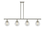916-4I-PN-G202-6 4-Light 48" Polished Nickel Island Light - Clear Beacon Glass - LED Bulb - Dimmensions: 48 x 6 x 10<br>Minimum Height : 19.375<br>Maximum Height : 43.375 - Sloped Ceiling Compatible: Yes
