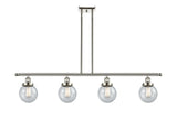 916-4I-PN-G204-6 4-Light 48" Polished Nickel Island Light - Seedy Beacon Glass - LED Bulb - Dimmensions: 48 x 6 x 10<br>Minimum Height : 19.375<br>Maximum Height : 43.375 - Sloped Ceiling Compatible: Yes
