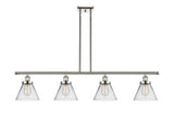 916-4I-PN-G42 4-Light 48" Polished Nickel Island Light - Clear Large Cone Glass - LED Bulb - Dimmensions: 48 x 8 x 10<br>Minimum Height : 20.375<br>Maximum Height : 44.375 - Sloped Ceiling Compatible: Yes