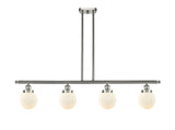 916-4I-SN-G201-6 4-Light 48" Brushed Satin Nickel Island Light - Matte White Cased Beacon Glass - LED Bulb - Dimmensions: 48 x 6 x 10<br>Minimum Height : 19.375<br>Maximum Height : 43.375 - Sloped Ceiling Compatible: Yes