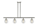 916-4I-SN-G202-6 4-Light 48" Brushed Satin Nickel Island Light - Clear Beacon Glass - LED Bulb - Dimmensions: 48 x 6 x 10<br>Minimum Height : 19.375<br>Maximum Height : 43.375 - Sloped Ceiling Compatible: Yes