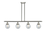 916-4I-SN-G204-6 4-Light 48" Brushed Satin Nickel Island Light - Seedy Beacon Glass - LED Bulb - Dimmensions: 48 x 6 x 10<br>Minimum Height : 19.375<br>Maximum Height : 43.375 - Sloped Ceiling Compatible: Yes