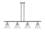 916-4I-SN-G42 4-Light 48" Brushed Satin Nickel Island Light - Clear Large Cone Glass - LED Bulb - Dimmensions: 48 x 8 x 10<br>Minimum Height : 20.375<br>Maximum Height : 44.375 - Sloped Ceiling Compatible: Yes