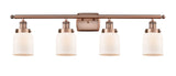 4-Light 36" Antique Copper Bath Vanity Light - Matte White Cased Small Bell Glass LED