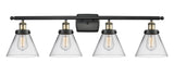 916-4W-BAB-G42 4-Light 36" Black Antique Brass Bath Vanity Light - Clear Large Cone Glass - LED Bulb - Dimmensions: 36 x 8 x 11 - Glass Up or Down: Yes