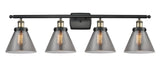 916-4W-BAB-G43 4-Light 36" Black Antique Brass Bath Vanity Light - Plated Smoke Large Cone Glass - LED Bulb - Dimmensions: 36 x 8 x 11 - Glass Up or Down: Yes