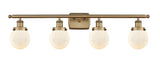 916-4W-BB-G201-6 4-Light 36" Brushed Brass Bath Vanity Light - Matte White Cased Beacon Glass - LED Bulb - Dimmensions: 36 x 8 x 11 - Glass Up or Down: Yes