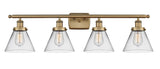 916-4W-BB-G42 4-Light 36" Brushed Brass Bath Vanity Light - Clear Large Cone Glass - LED Bulb - Dimmensions: 36 x 8 x 11 - Glass Up or Down: Yes