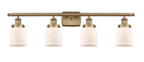 916-4W-BB-G51 4-Light 36" Brushed Brass Bath Vanity Light - Matte White Cased Small Bell Glass - LED Bulb - Dimmensions: 36 x 6.5 x 12 - Glass Up or Down: Yes