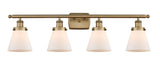 916-4W-BB-G61 4-Light 36" Brushed Brass Bath Vanity Light - Matte White Cased Small Cone Glass - LED Bulb - Dimmensions: 36 x 8 x 11 - Glass Up or Down: Yes
