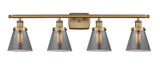 916-4W-BB-G63 4-Light 36" Brushed Brass Bath Vanity Light - Plated Smoke Small Cone Glass - LED Bulb - Dimmensions: 36 x 8 x 11 - Glass Up or Down: Yes