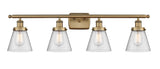 916-4W-BB-G64 4-Light 36" Brushed Brass Bath Vanity Light - Seedy Small Cone Glass - LED Bulb - Dimmensions: 36 x 8 x 11 - Glass Up or Down: Yes